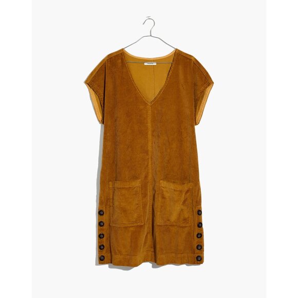 Madewell Corduroy Side-Button Shift Dress V-Neck Medium Antique Gold Casual - Picture 14 of 14